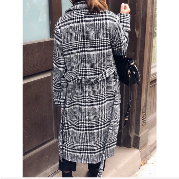 Chenelle Plaid Belted Coat - Black & White - Picture 3 of 7